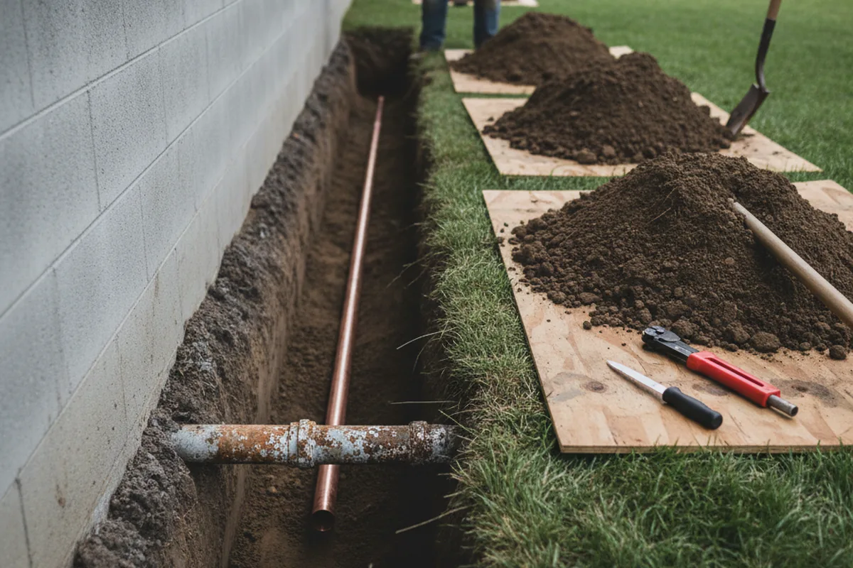 Excavated water line trench during Sewer Line Repair in Osburn